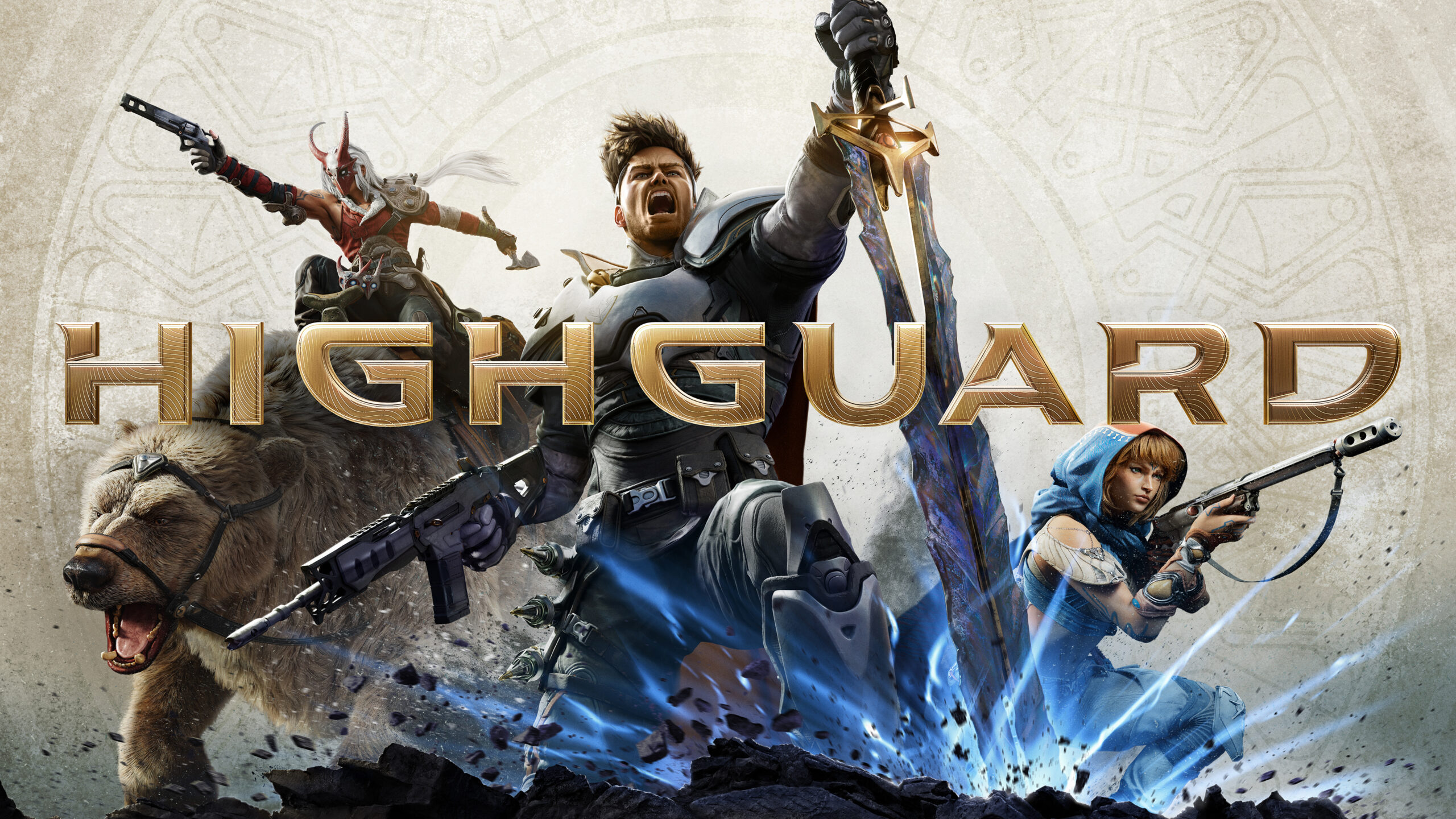Highguard official key art featuring Atticus, Kai, Redmane and other Wardens in an epic battle